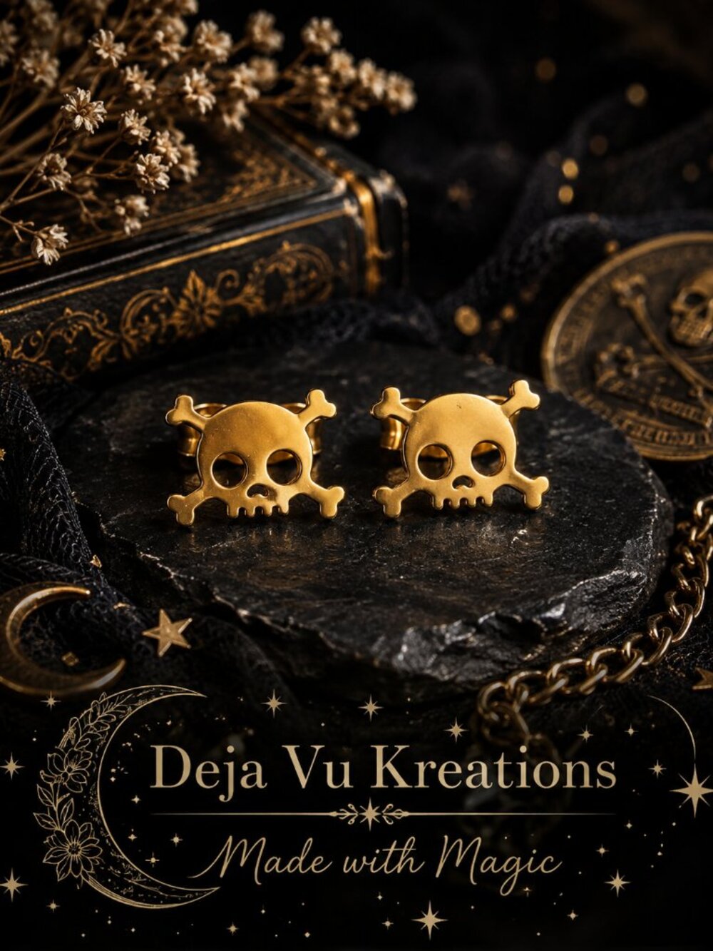 Gold Skull & Crossbones Stainless Steel Stud Earrings